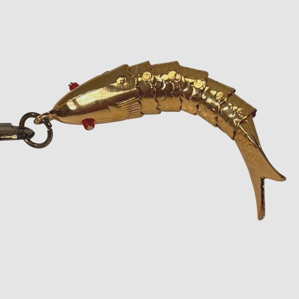 Vtg Articulated Body Fish Goldtone Keychain Koi Red Eyes Tin Jointed Wiggle